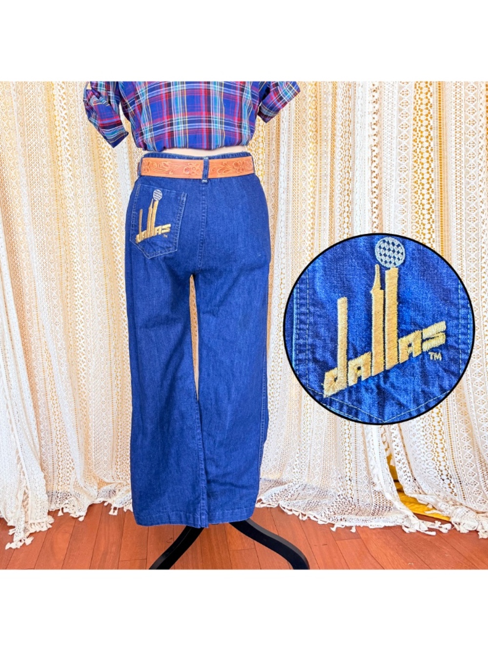 Vtg 70s American Denim Dallas Texas Souvenir Embroidered Wide Leg Jeans Sz 16